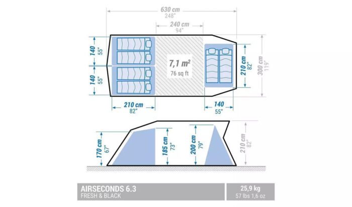 6 People - 3 Rooms Inflatable Camping Tent 6.3 F&B